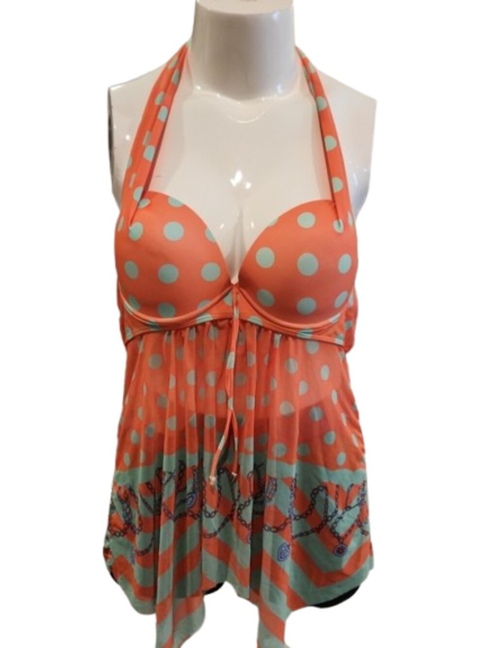 Polka Dot Halter Tankini Top in Coral and Mint - Size XXL